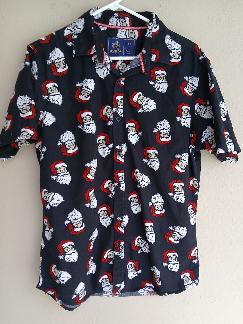 Rugby University Mens Black Button Down Short Sleeve Santa Hat Shirt Large